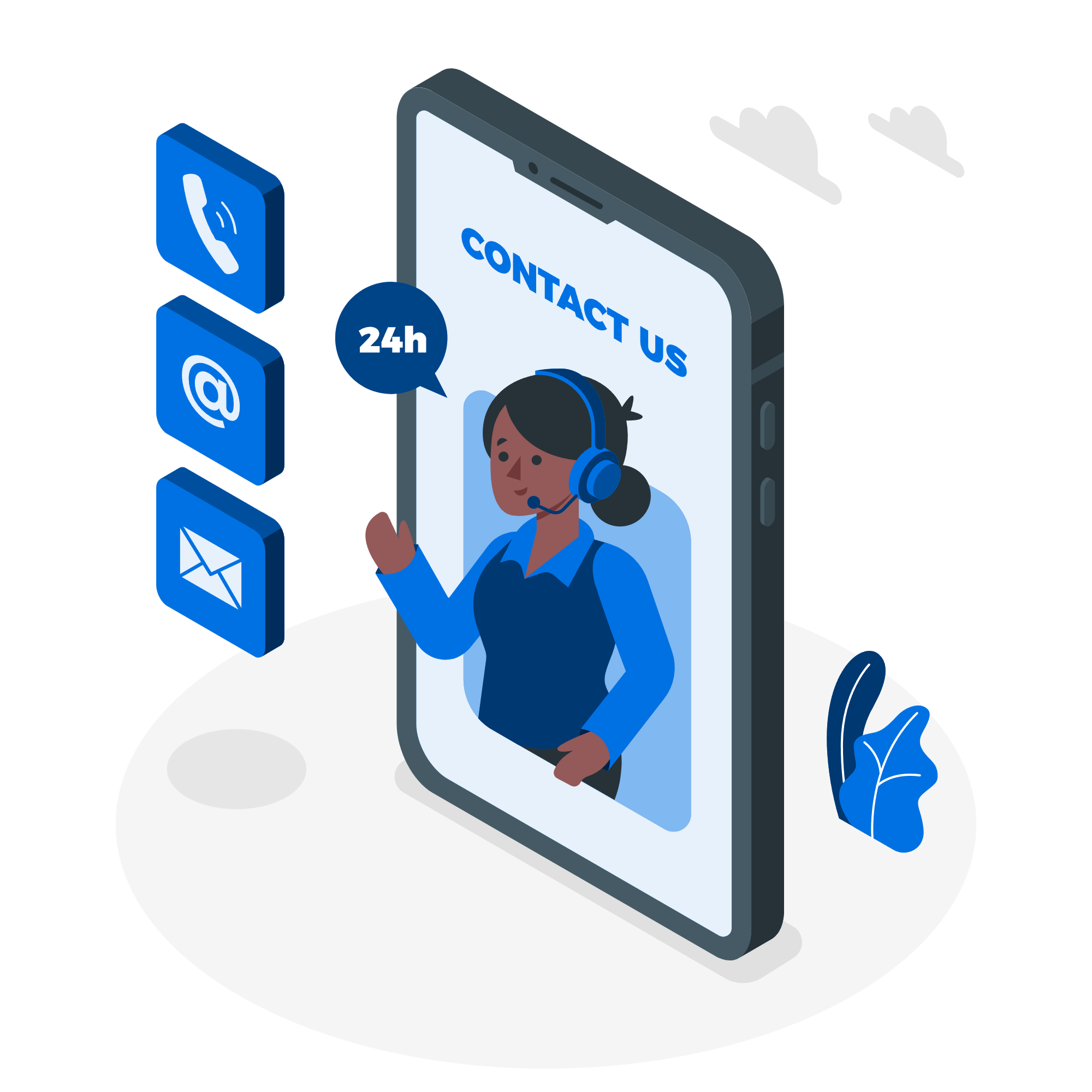 An illustrated support agent inside a phone screen labeled CONTACT US, with call, email, and message icons beside it.
