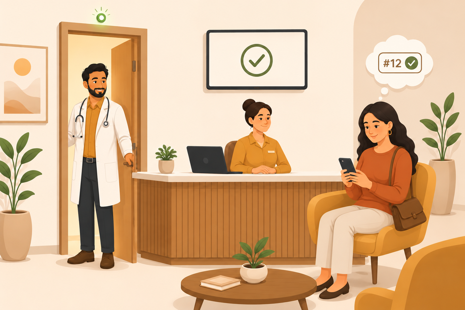 A calm clinic waiting room: the doctor's door shows a green status light, the receptionist is relaxed, and the patient checks her phone knowing her number is up next.