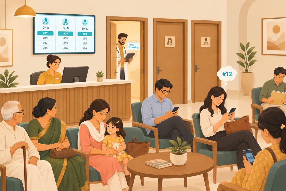 A front desk with a shared screen showing three doctors' queues (Dr. A, B, C), consultation room doors, a doctor checking a tablet reading Today: 4 pending, and a patient in the waiting area checking her phone with her queue number in a thought bubble.