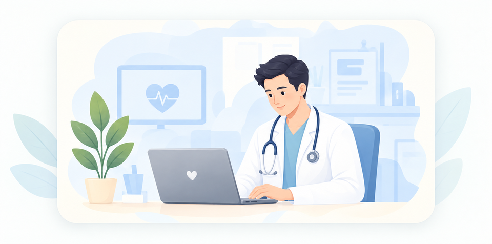 Illustration of a doctor at a desk using ClinVision on a laptop.