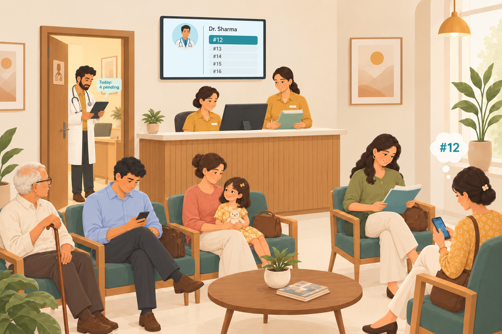 A solo doctor's desk beside a small front desk with two staff, one holding a patient file. Both desks show the same simple queue screen, and a patient in the waiting nook checks her phone with her token number in a thought bubble.