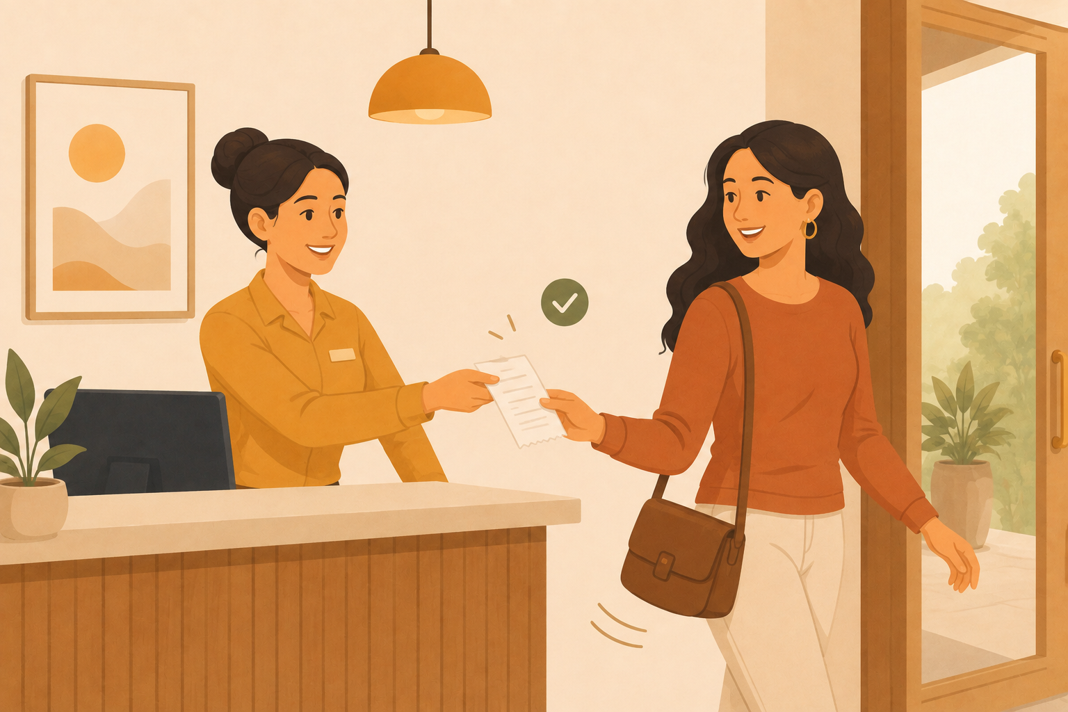 A doctor handing a freshly printed receipt to a patient already turning toward the door.