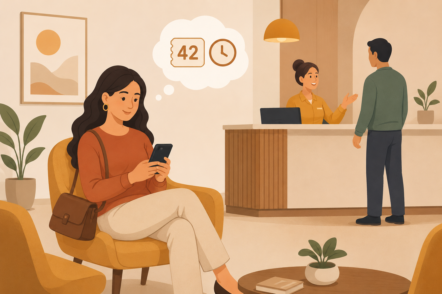 A patient checking her phone calmly with a token and time thought bubble, while the receptionist helps another patient at the desk.