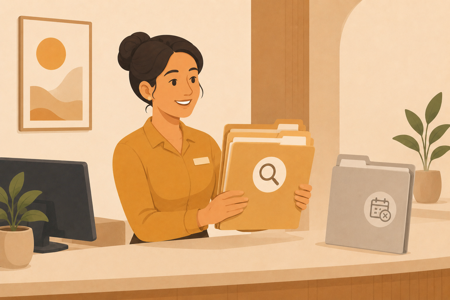 A receptionist holding neat patient folders, one marked with a search icon, beside a faded folder flagged as a missed visit.