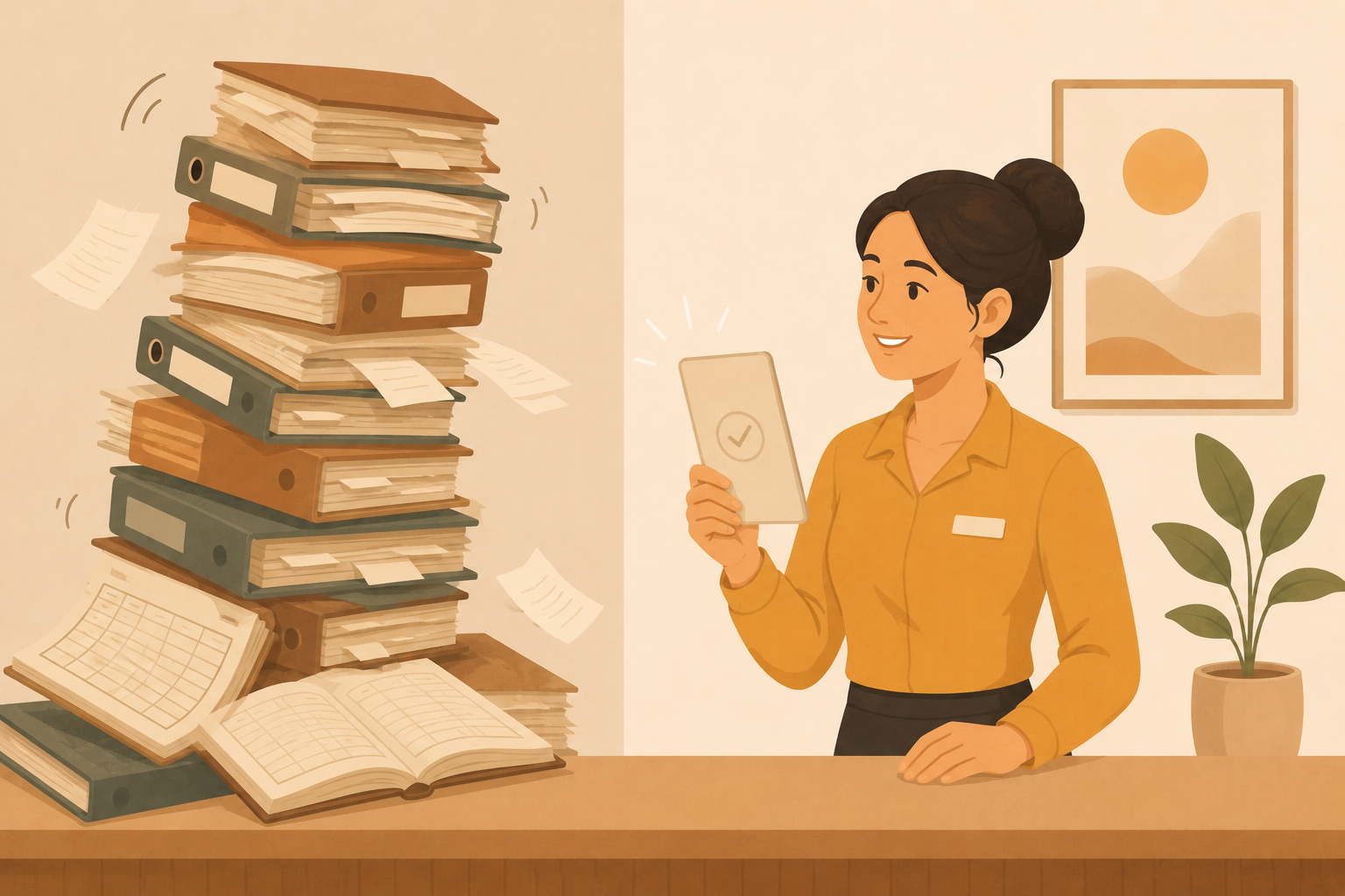 A tall, toppling stack of old paper registers beside a staff member holding a phone showing a single checkmark instead.