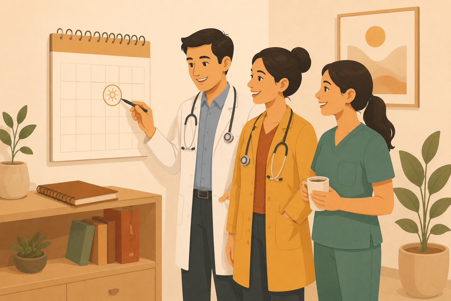 Two doctors and a staff member standing together at a wall calendar, marking a holiday date.