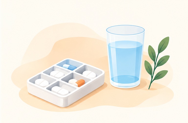 Medicine organiser and a glass of water